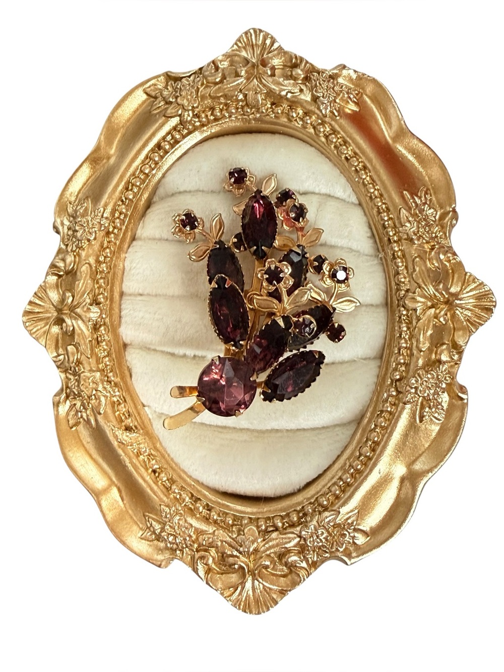 Mid century Vintage Floral Garnet-Style Rhinestone Brooch soldering/hinge style
